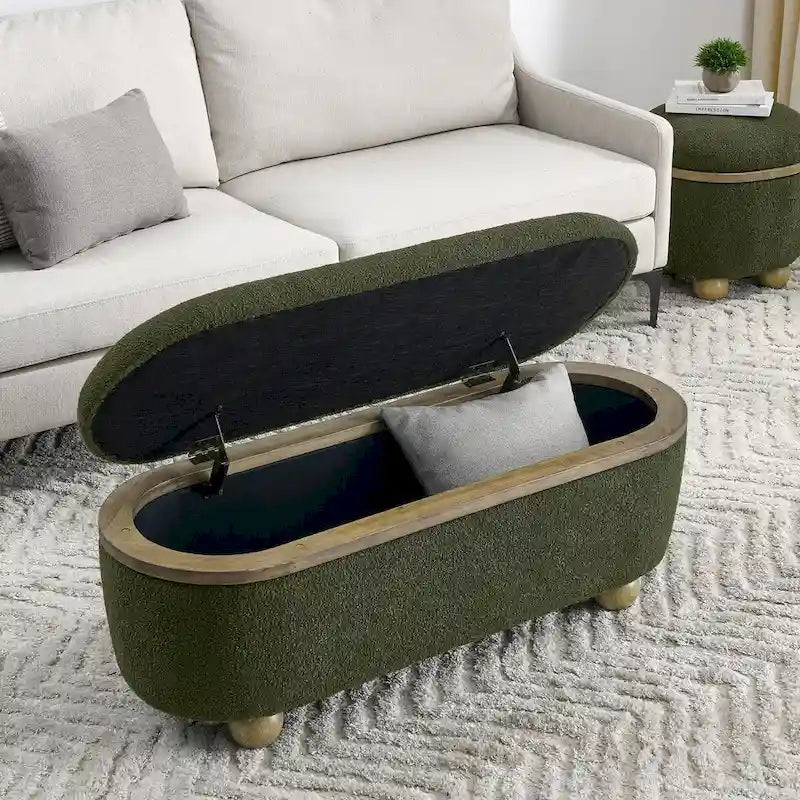 Upholstered Storage Ottoman Bench with Gold Ball Legs
