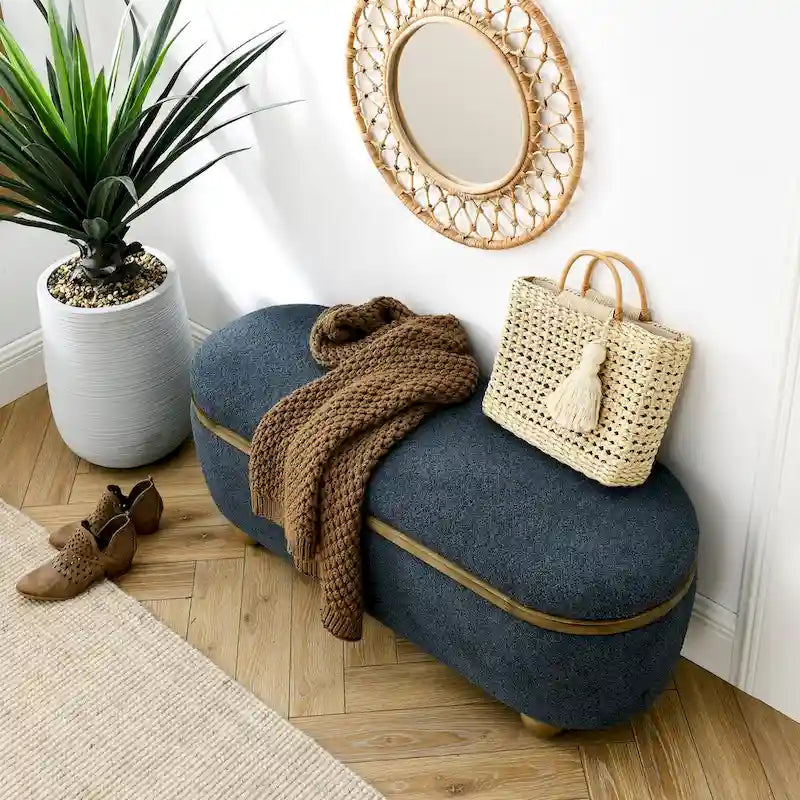 Upholstered Storage Ottoman Bench with Gold Ball Legs