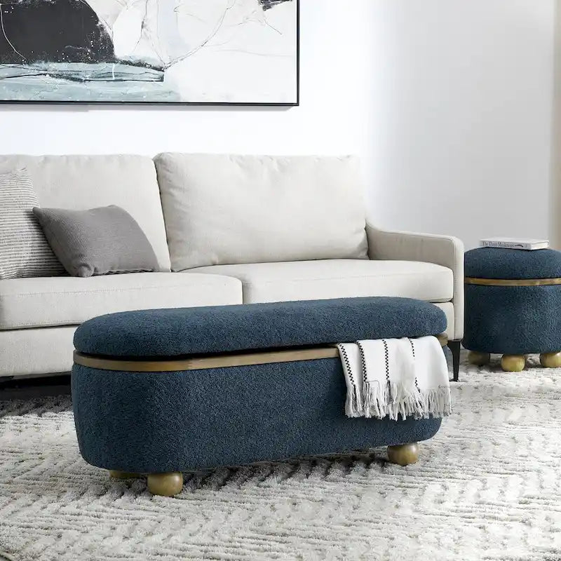 Upholstered Storage Ottoman Bench with Gold Ball Legs