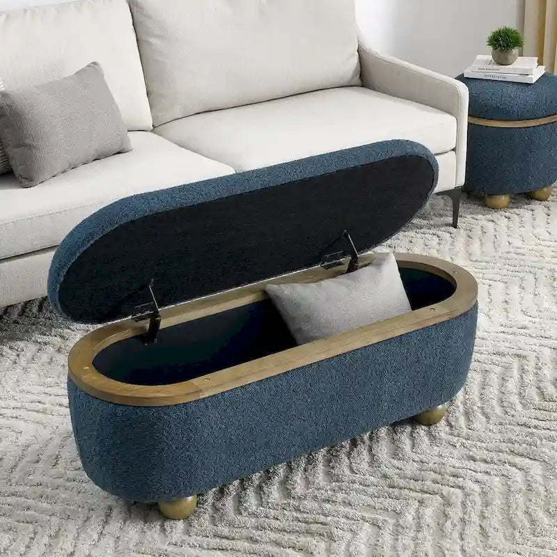 Upholstered Storage Ottoman Bench with Gold Ball Legs