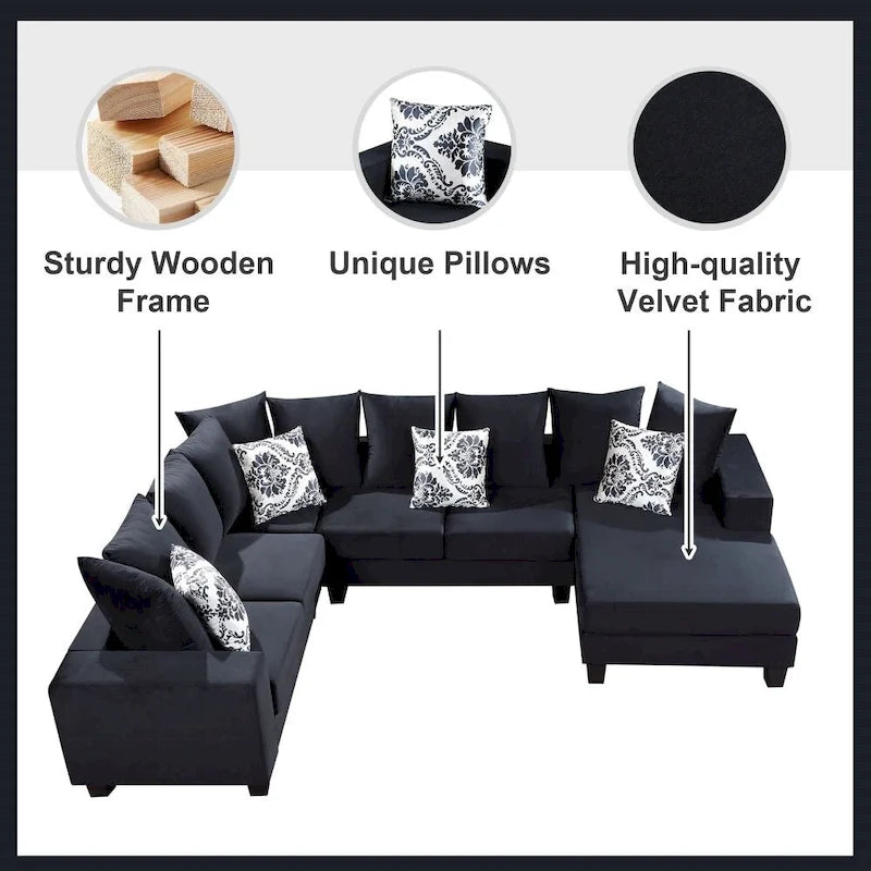 Modern U Shape Sectional Sofa, Velvet Corner Couch with Lots of Pillows Included