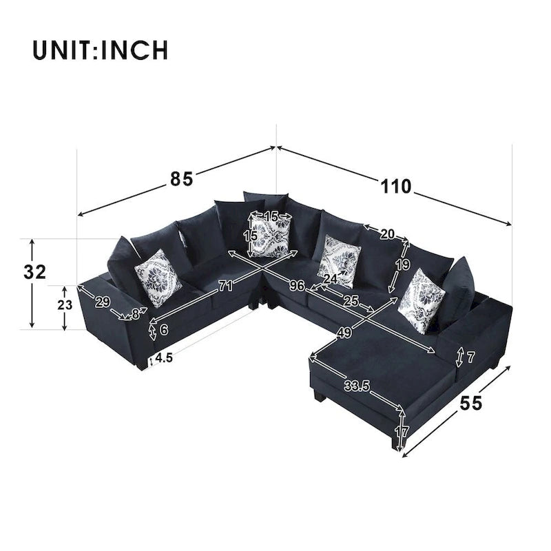 Modern U Shape Sectional Sofa, Velvet Corner Couch with Lots of Pillows Included