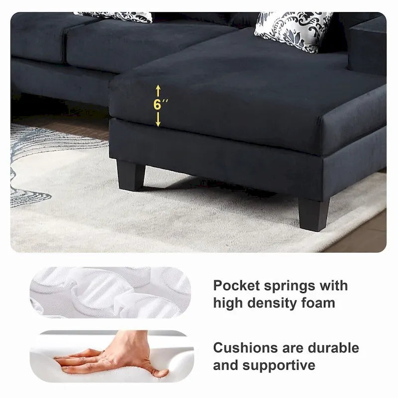 Modern U Shape Sectional Sofa, Velvet Corner Couch with Lots of Pillows Included
