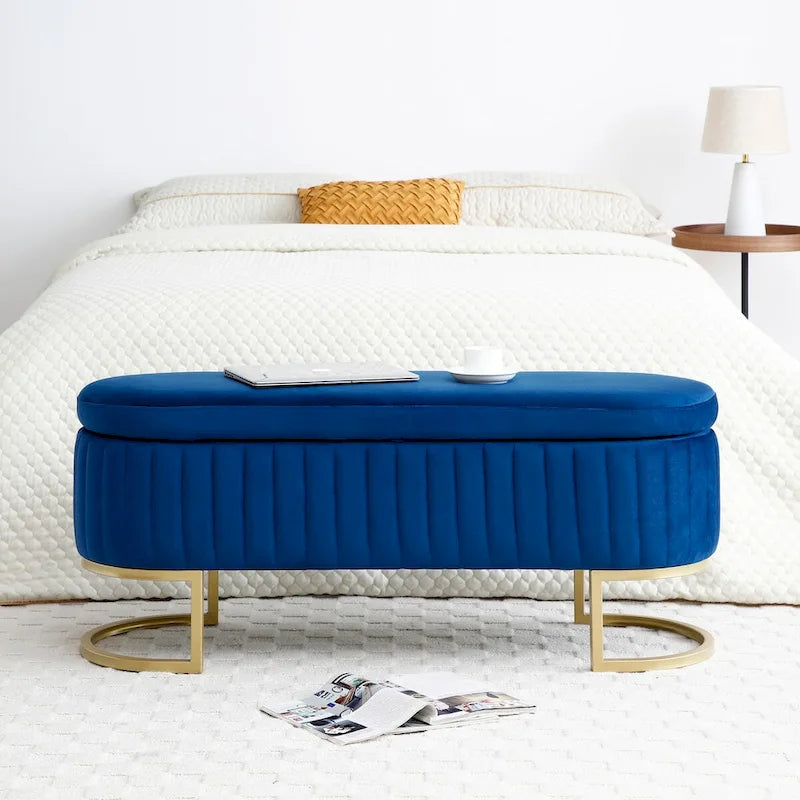 Storage Bench Bedroom Bench, Velvet Oval Upholstered End of Bed Bench with Golden Metal Legs,50 Storage Ottoman Bench