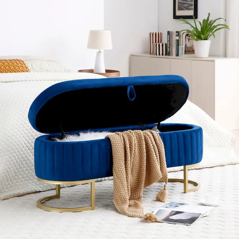 Storage Bench Bedroom Bench, Velvet Oval Upholstered End of Bed Bench with Golden Metal Legs,50 Storage Ottoman Bench