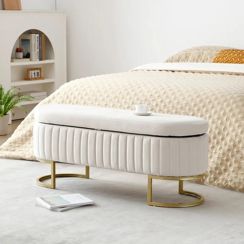 Storage Bench Bedroom Bench, Velvet Oval Upholstered End of Bed Bench with Golden Metal Legs,50 Storage Ottoman Bench