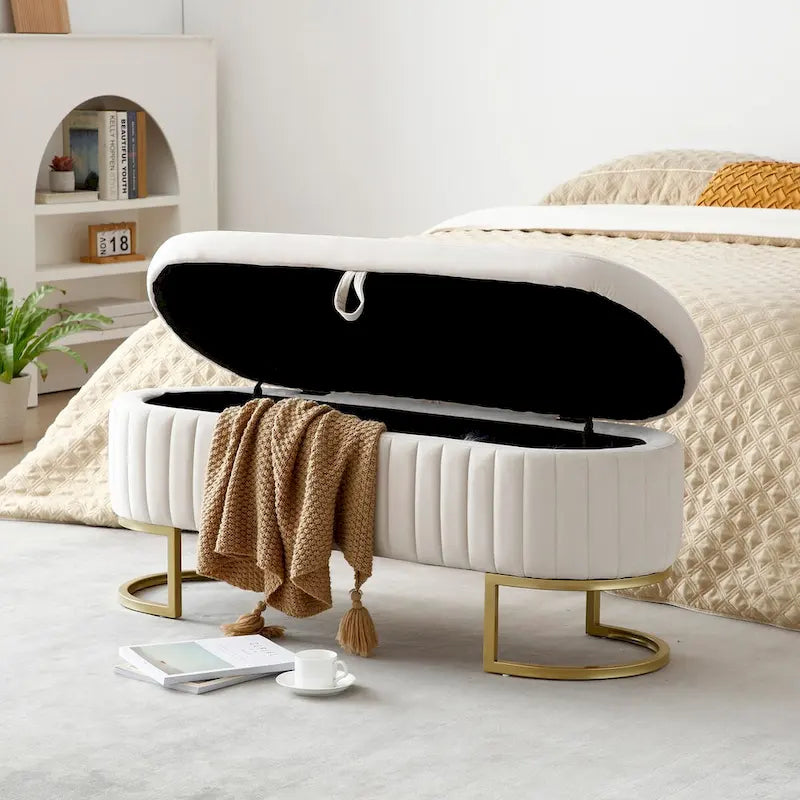 Storage Bench Bedroom Bench, Velvet Oval Upholstered End of Bed Bench with Golden Metal Legs,50 Storage Ottoman Bench