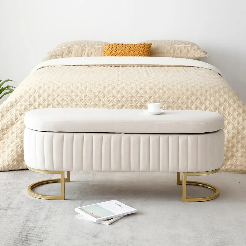 Storage Bench Bedroom Bench, Velvet Oval Upholstered End of Bed Bench with Golden Metal Legs,50 Storage Ottoman Bench