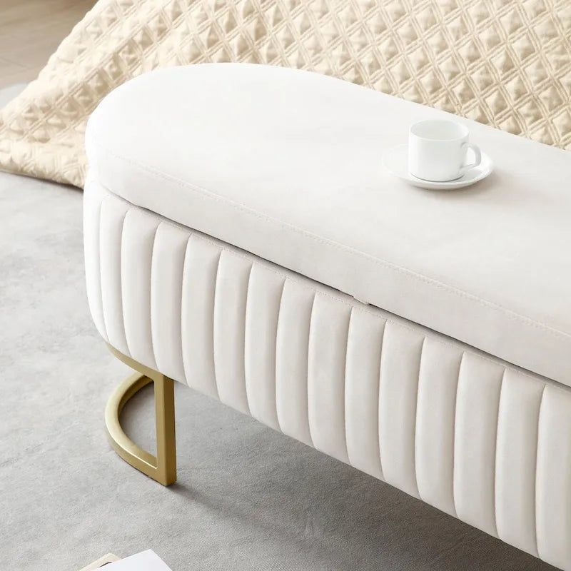 Storage Bench Bedroom Bench, Velvet Oval Upholstered End of Bed Bench with Golden Metal Legs,50 Storage Ottoman Bench