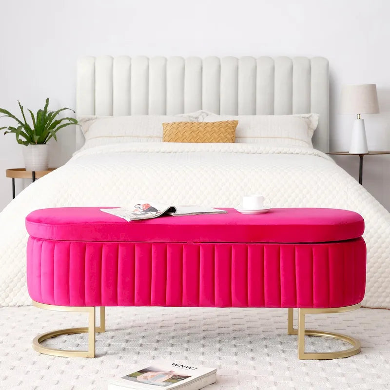 Storage Bench Bedroom Bench, Velvet Oval Upholstered End of Bed Bench with Golden Metal Legs,50 Storage Ottoman Bench
