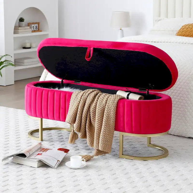 Storage Bench Bedroom Bench, Velvet Oval Upholstered End of Bed Bench with Golden Metal Legs,50 Storage Ottoman Bench