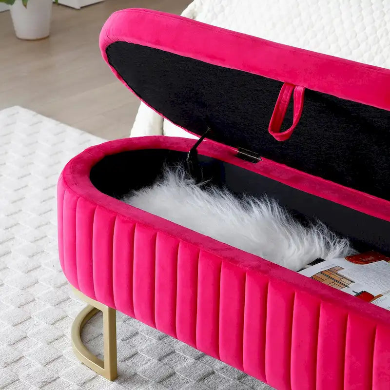 Storage Bench Bedroom Bench, Velvet Oval Upholstered End of Bed Bench with Golden Metal Legs,50 Storage Ottoman Bench