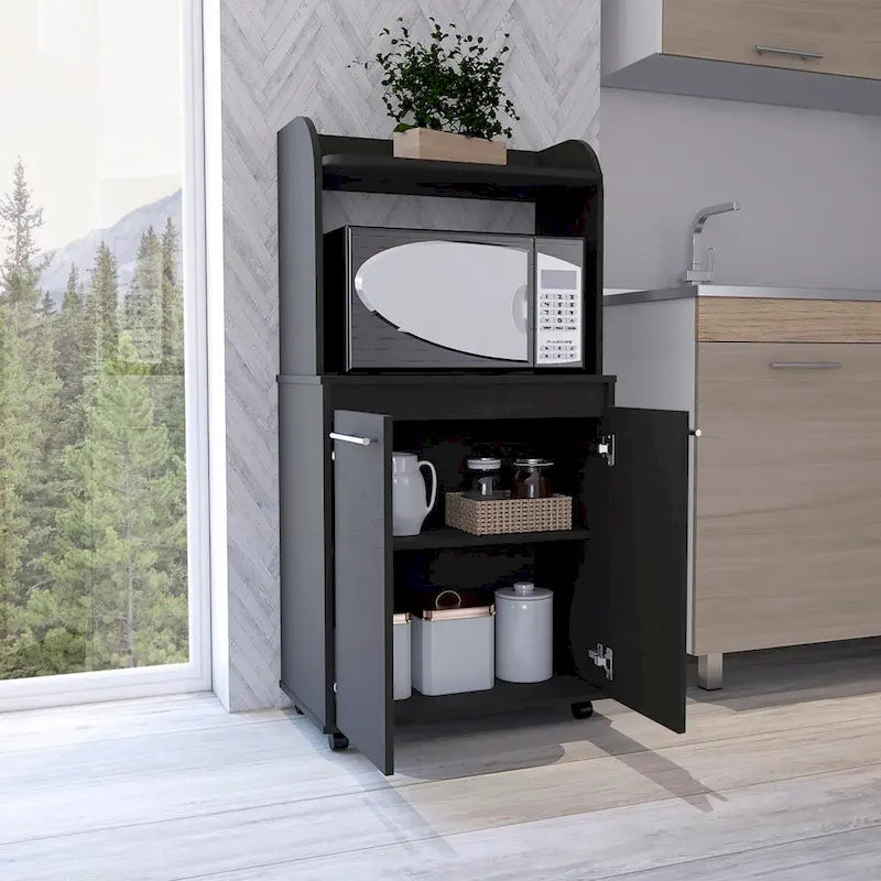 Kitchen Microwave Cart with 1 Shelf and 2 Cabinet Doors, Black