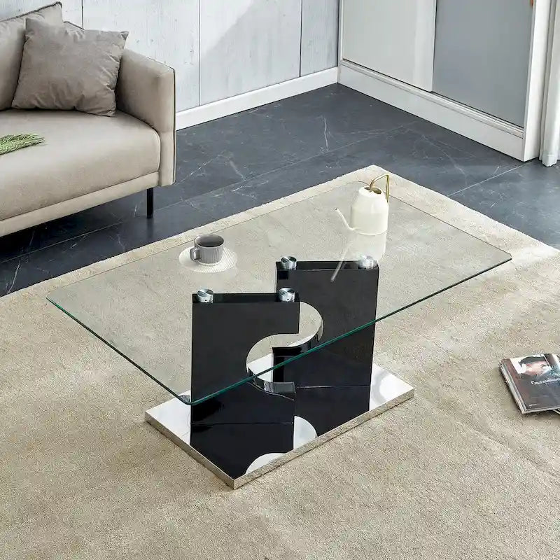 Rectangular Coffee Table with Tempered Glass Top and MDF Legs, 47 Inch