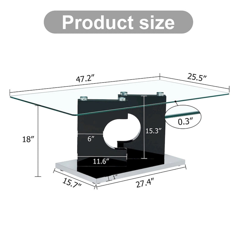 Rectangular Coffee Table with Tempered Glass Top and MDF Legs, 47 Inch
