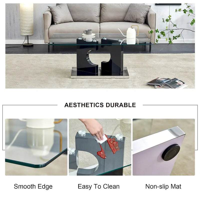 Rectangular Coffee Table with Tempered Glass Top and MDF Legs, 47 Inch