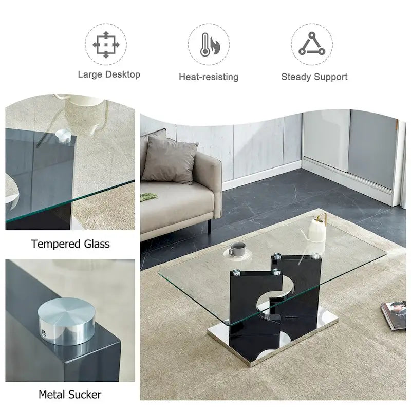Rectangular Coffee Table with Tempered Glass Top and MDF Legs, 47 Inch