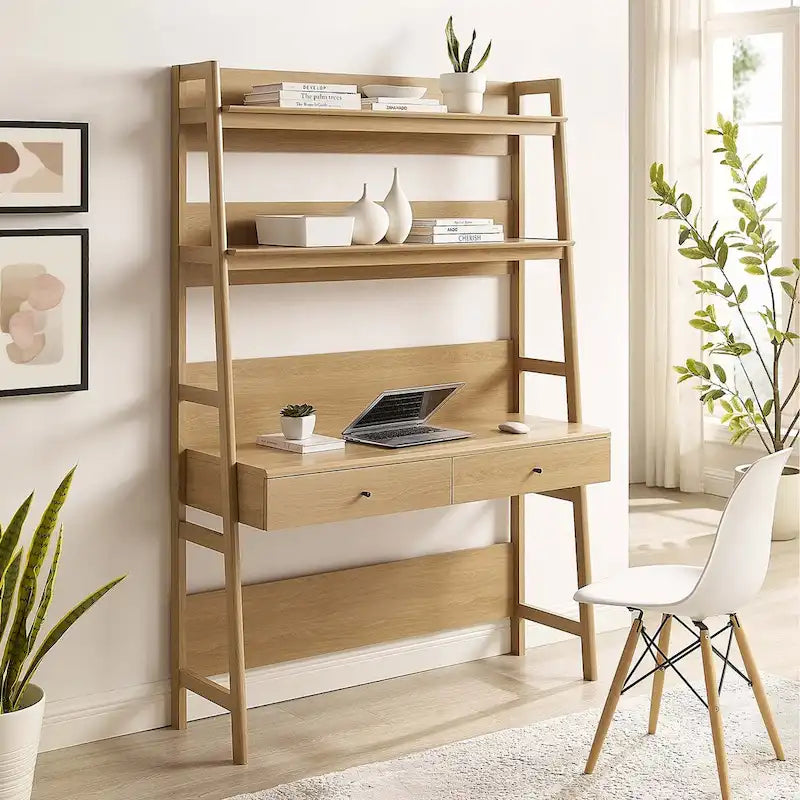 Office Desk with Bookshelf and 2 Pull-Out Drawers, Wood Grain Finish