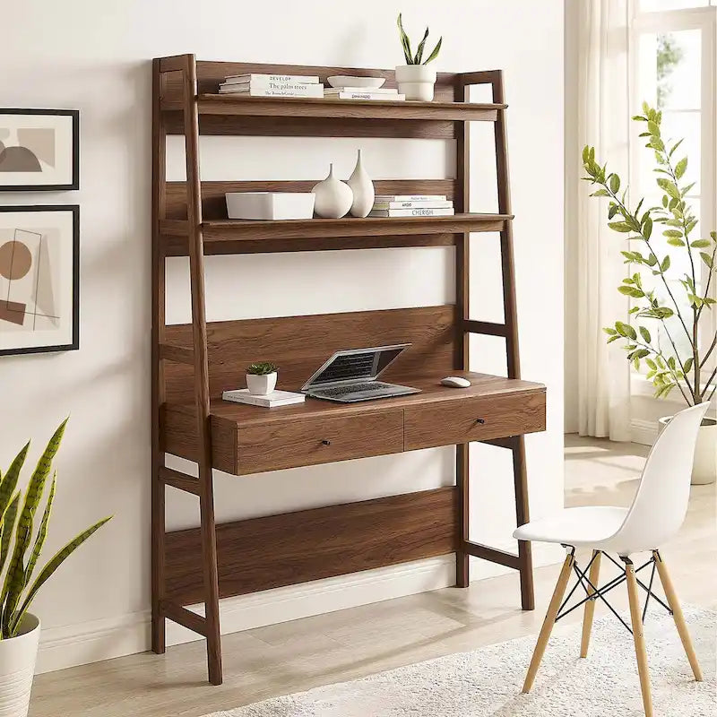 Office Desk with Bookshelf and 2 Pull-Out Drawers, Wood Grain Finish
