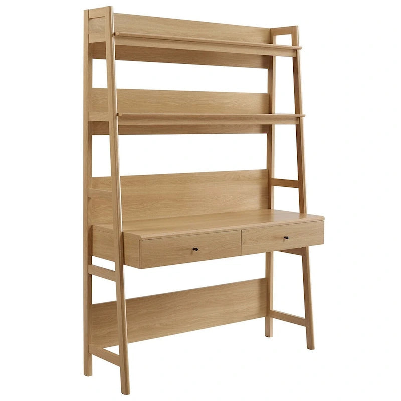 Office Desk with Bookshelf and 2 Pull-Out Drawers, Wood Grain Finish