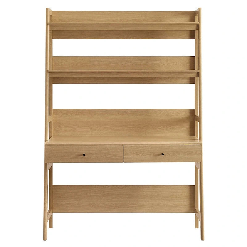 Office Desk with Bookshelf and 2 Pull-Out Drawers, Wood Grain Finish