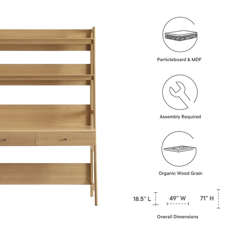 Office Desk with Bookshelf and 2 Pull-Out Drawers, Wood Grain Finish