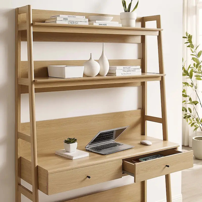Office Desk with Bookshelf and 2 Pull-Out Drawers, Wood Grain Finish