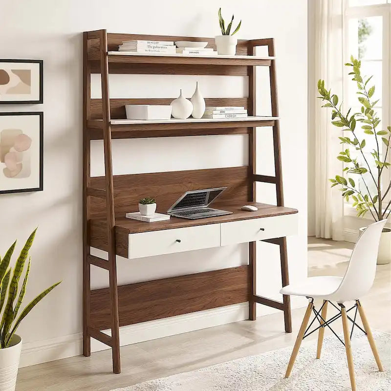 Office Desk with Bookshelf and 2 Pull-Out Drawers, Wood Grain Finish