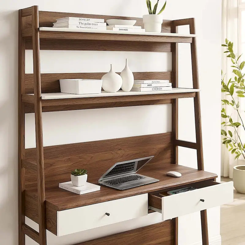 Office Desk with Bookshelf and 2 Pull-Out Drawers, Wood Grain Finish