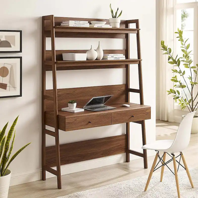 Office Desk with Bookshelf and 2 Pull-Out Drawers, Wood Grain Finish
