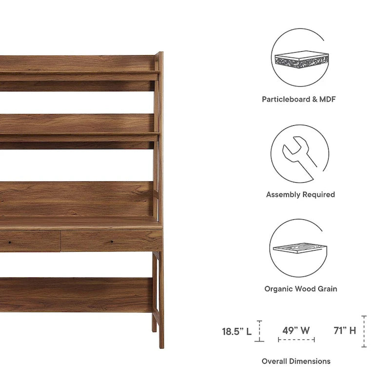 Office Desk with Bookshelf and 2 Pull-Out Drawers, Wood Grain Finish