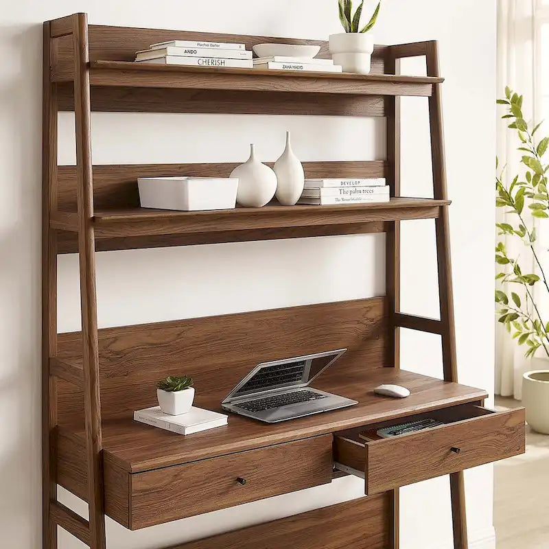 Office Desk with Bookshelf and 2 Pull-Out Drawers, Wood Grain Finish