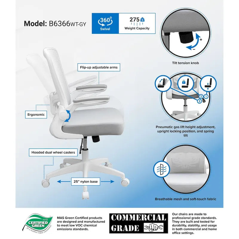 Mesh Back Office Task Chair with Flip Arms and Height Adjustment