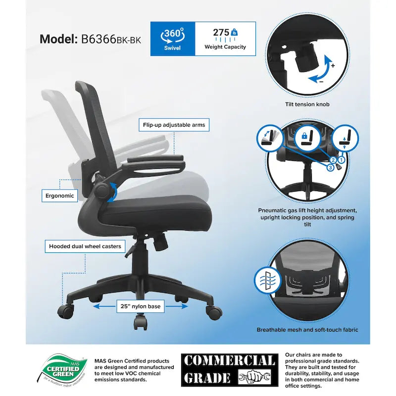 Mesh Back Office Task Chair with Flip Arms and Height Adjustment