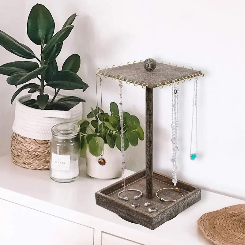 Wooden Rotating Jewelry Display Tower with 28 Hooks