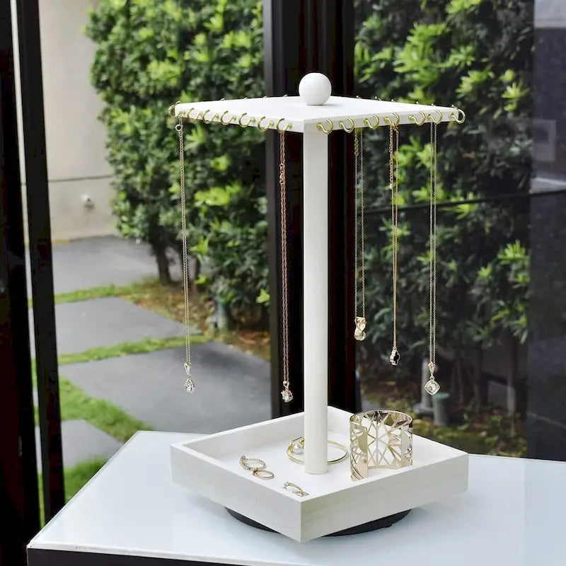Wooden Rotating Jewelry Display Tower with 28 Hooks