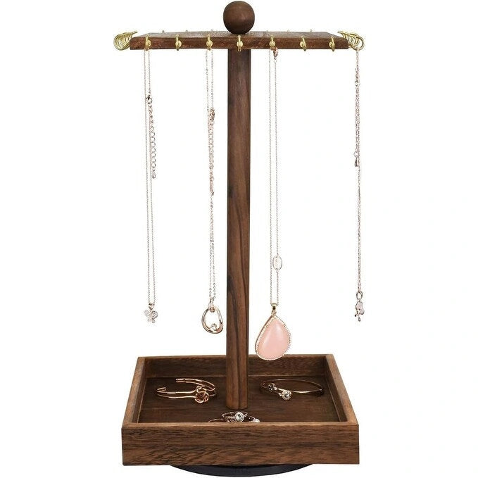 Wooden Rotating Jewelry Display Tower with 28 Hooks