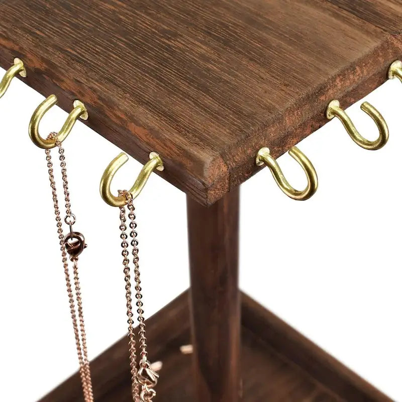 Wooden Rotating Jewelry Display Tower with 28 Hooks