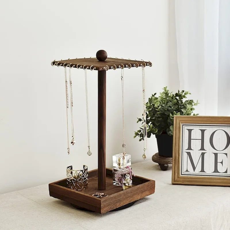 Wooden Rotating Jewelry Display Tower with 28 Hooks