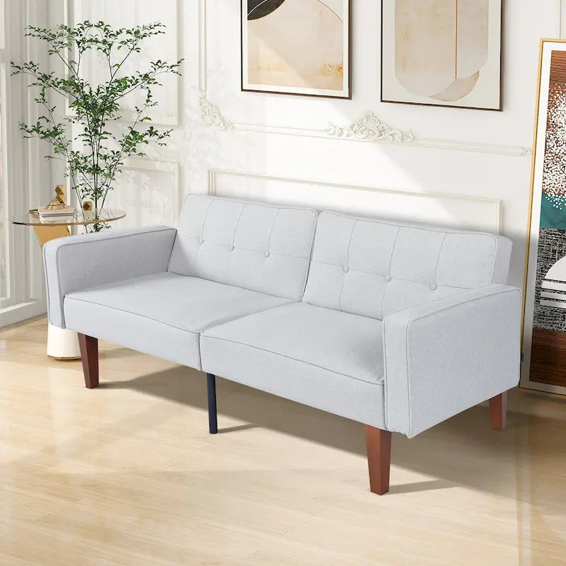 Convertible Futon Sofa Bed with Split Back, Tufted Faux Leather, and Wood Legs