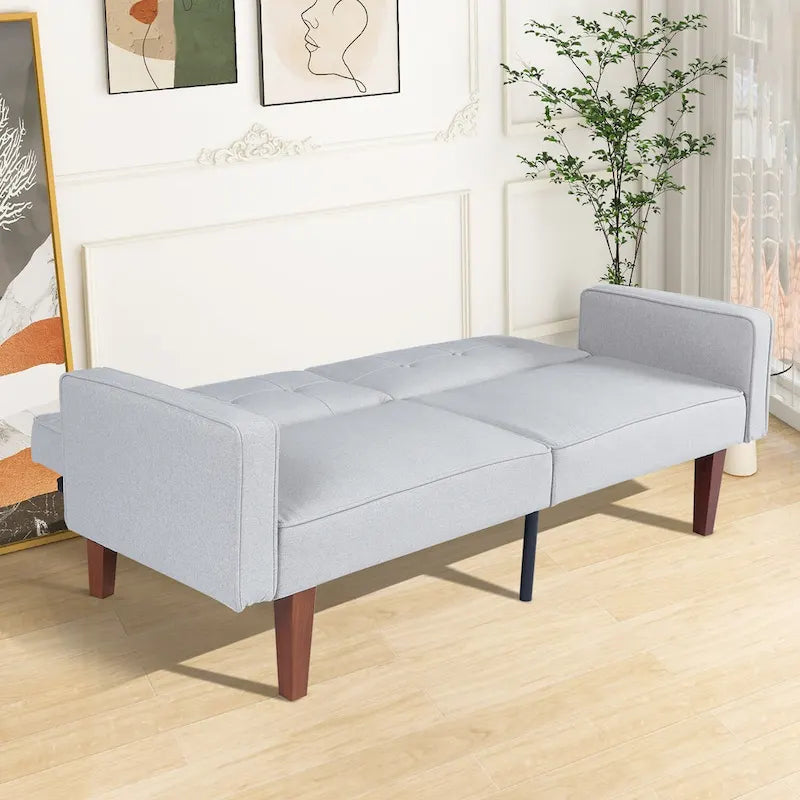 Convertible Futon Sofa Bed with Split Back, Tufted Faux Leather, and Wood Legs