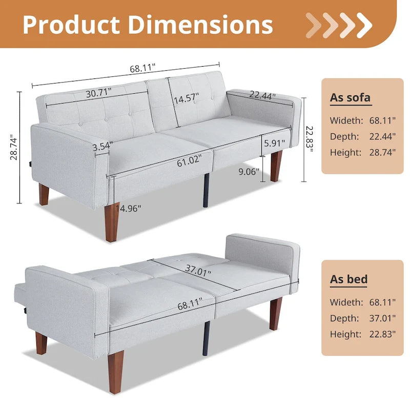 Convertible Futon Sofa Bed with Split Back, Tufted Faux Leather, and Wood Legs