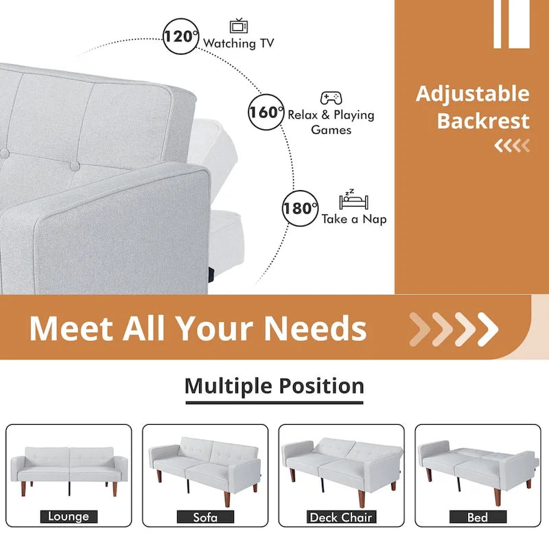 Convertible Futon Sofa Bed with Split Back, Tufted Faux Leather, and Wood Legs