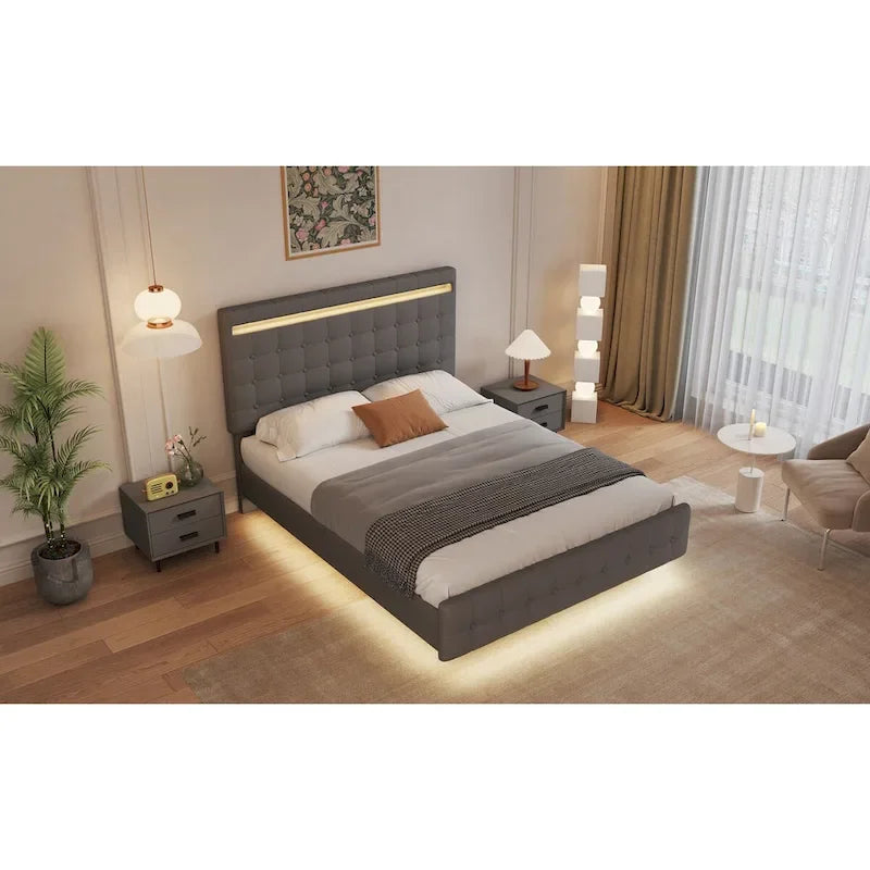 Queen Platform Bed with LED Headboard, Upholstered Frame, and Wood Slats