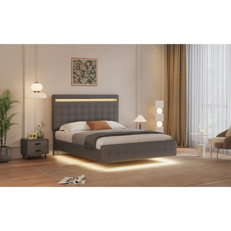 Queen Platform Bed with LED Headboard, Upholstered Frame, and Wood Slats