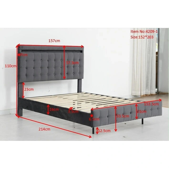 Queen Platform Bed with LED Headboard, Upholstered Frame, and Wood Slats