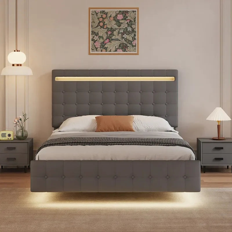 Queen Platform Bed with LED Headboard, Upholstered Frame, and Wood Slats