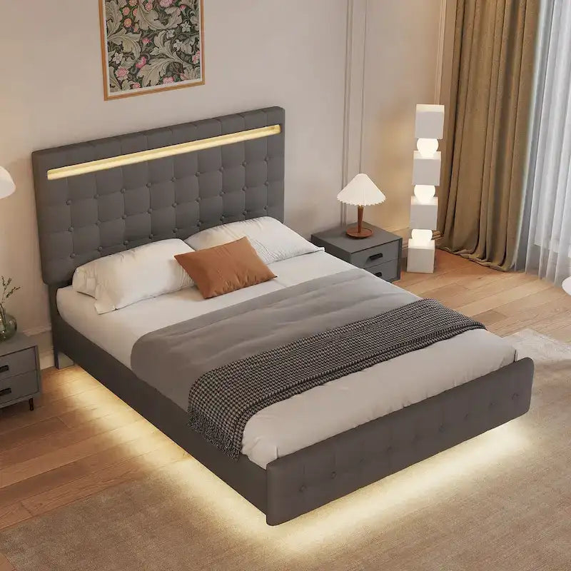 Queen Platform Bed with LED Headboard, Upholstered Frame, and Wood Slats