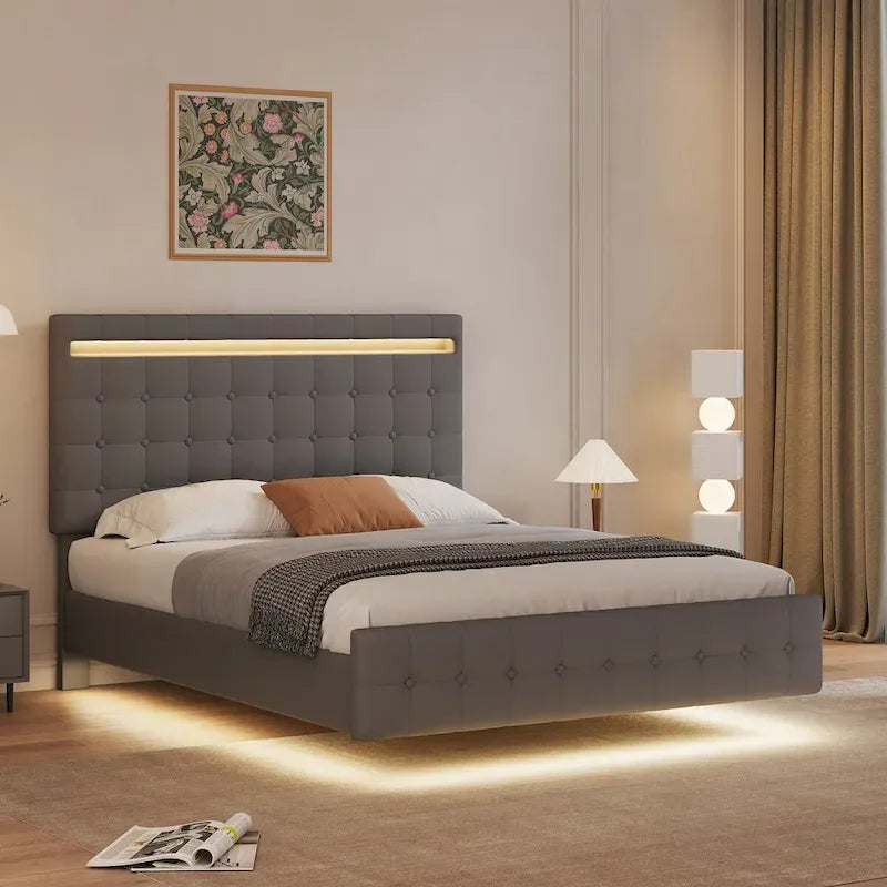 Queen Platform Bed with LED Headboard, Upholstered Frame, and Wood Slats
