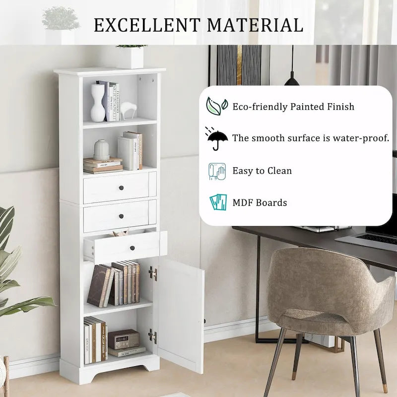 Tall Storage Cabinet with 3 Drawers and Adjustable Shelves for Bathroom